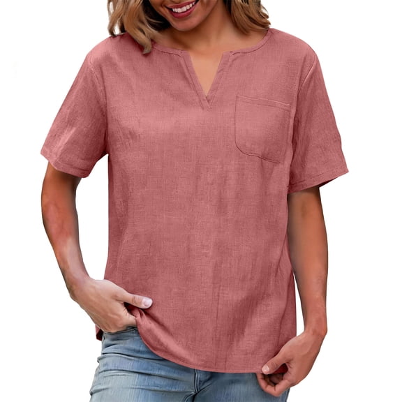 FAHXNVB Short Sleeve V-Neck T-Shirts for Women Cotton Linen Solid Color Tees Tops Summer Casual Fashion Comfortable Shirts with Pocket