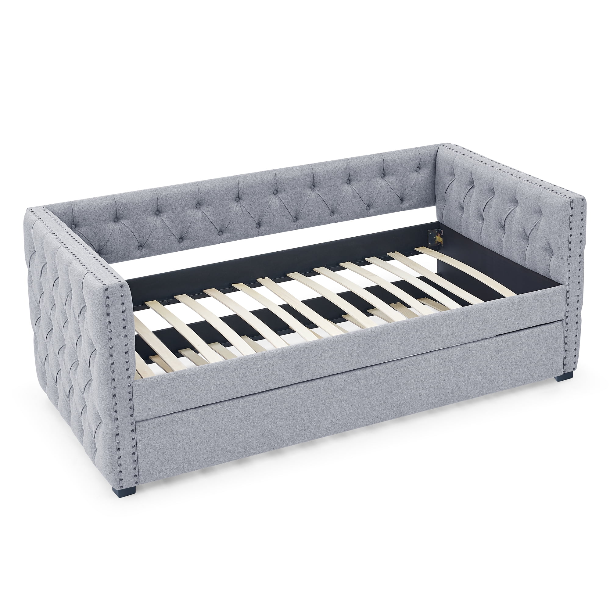 Gewnee Mid-Century Twin Size Upholstered Daybed with Trundle, Grey Linen Tufted Design & Nailhead Trim, for Living Room Guest Room