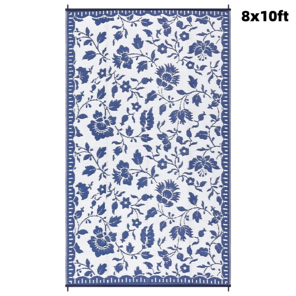 8x10ft Reversible Floral Plastic Straw Outdoor Rug, Waterproof UV Resistant Patio Mat, Foldable Portable Area Rug for Backyard Porch RV Camping Picnic - Dark Blue