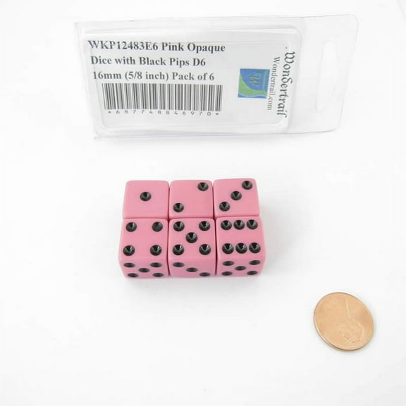 Pink Opaque Dice with Squared Corners Black Pips D6 16mm (5/8 inch) Pack of 6 Wondertrail