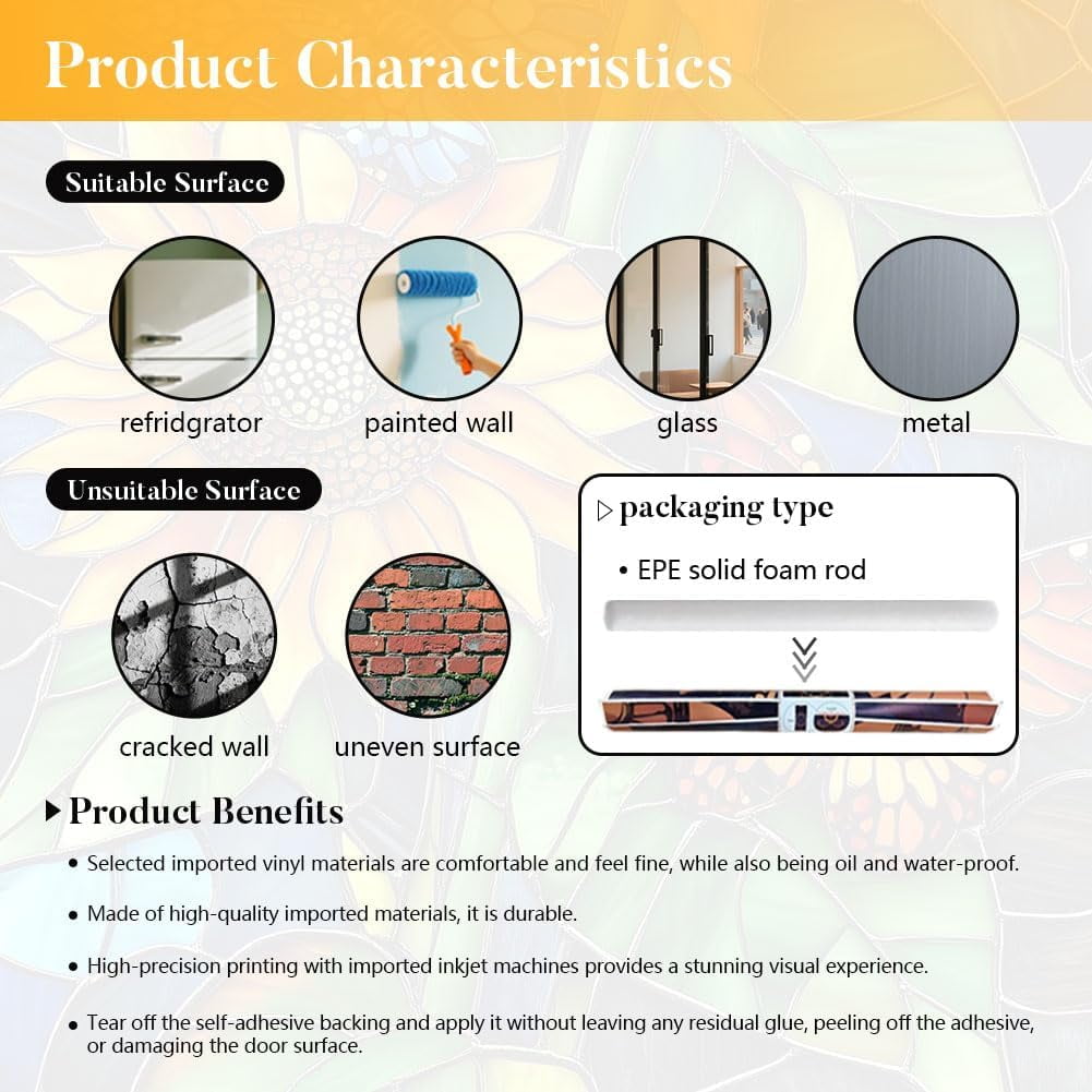 2 Sheet Sunflower Removable Refrigerator Wraps Self-Adhesive Fridge Stickers Peel and Stick Vinyl Fridge Decals Sticker