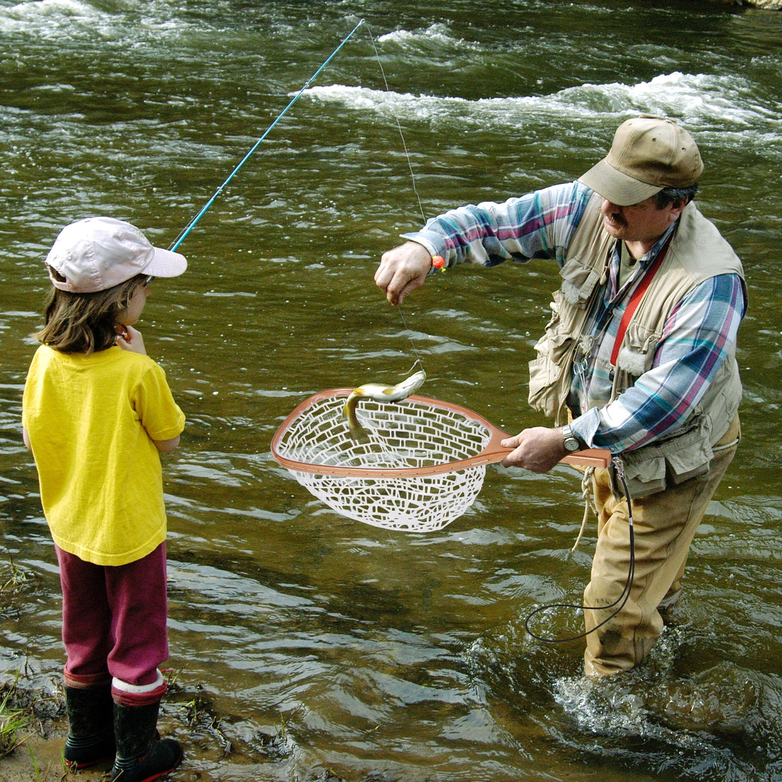 Wooden Fly Fishing Net - Soft White Silicone Mesh, Beech Wood Straight Handle, Lightweight, Durable, Safe Catch & Release, For Trout, Bass, Freshwater & Saltwater