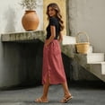 thumbnail image 5 of Women's Cotton Linen Midi Skirt Elastic Waist Side Button Split Pockets Solid Color Casual A-Line Mid-Calf Skirt 07-Vermilion XXL, 5 of 5