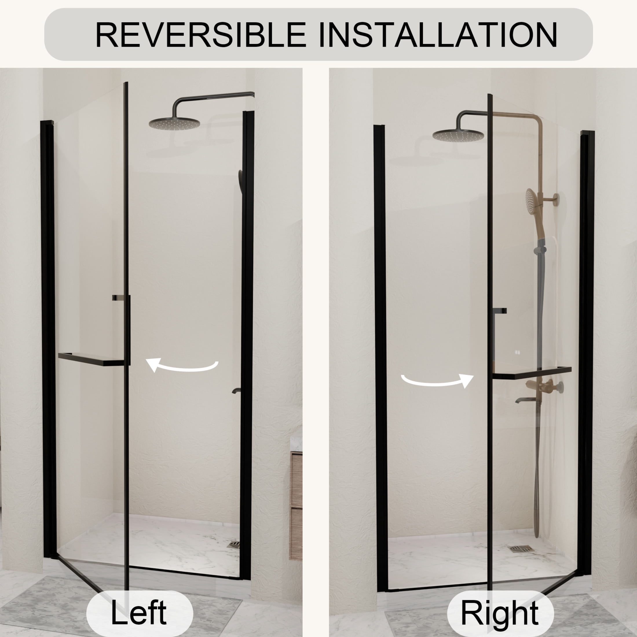 Noble House 33" Semi-Frameless Pivot Shower Door, Tempered Clear Glass, Reversible Adjustable Width, Matte Black