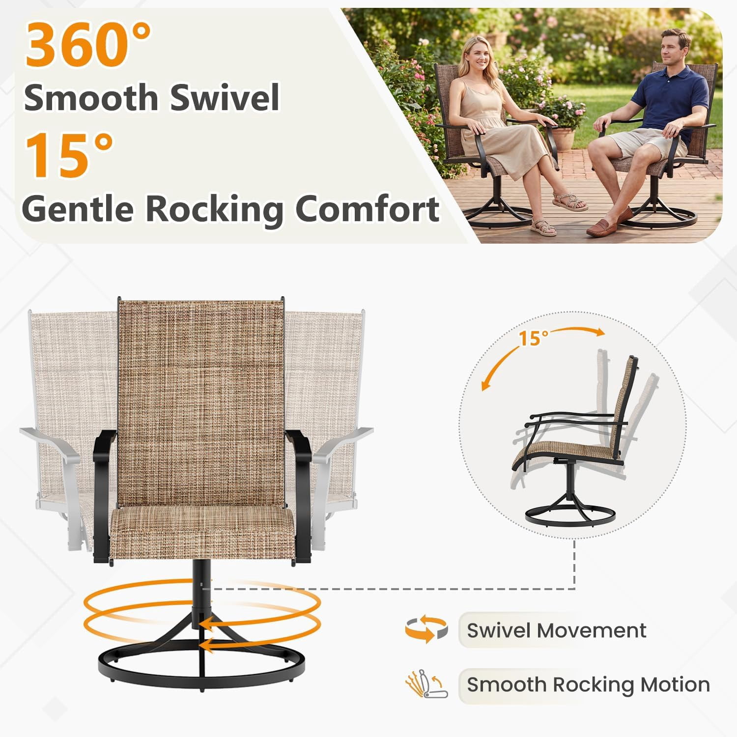 Erinnyees Patio Swing Dining Chairs Set of 2, Stackable Outdoor Swing Chairs, All Weather Breathable Textile, Heavy Duty Metal Frame Porch Chairs for Backyard, Lawn (Only Chairs, Brown, Set of 2)