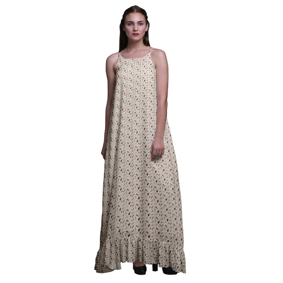 Bimba Ivory Feather Artistic Printed Nightwear For Women Long Spaghetti Strap Maxi Dress Sleepwear Gown XXX-Large