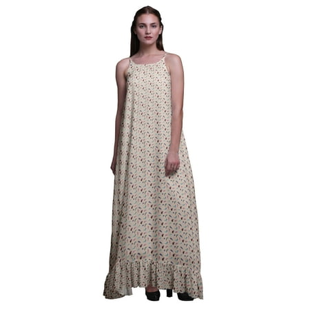 

Bimba Ivory Feather Artistic Womens Sleepwear Long Nightgown Printed Spaghetti Strap Ladies Nightwear X-Small