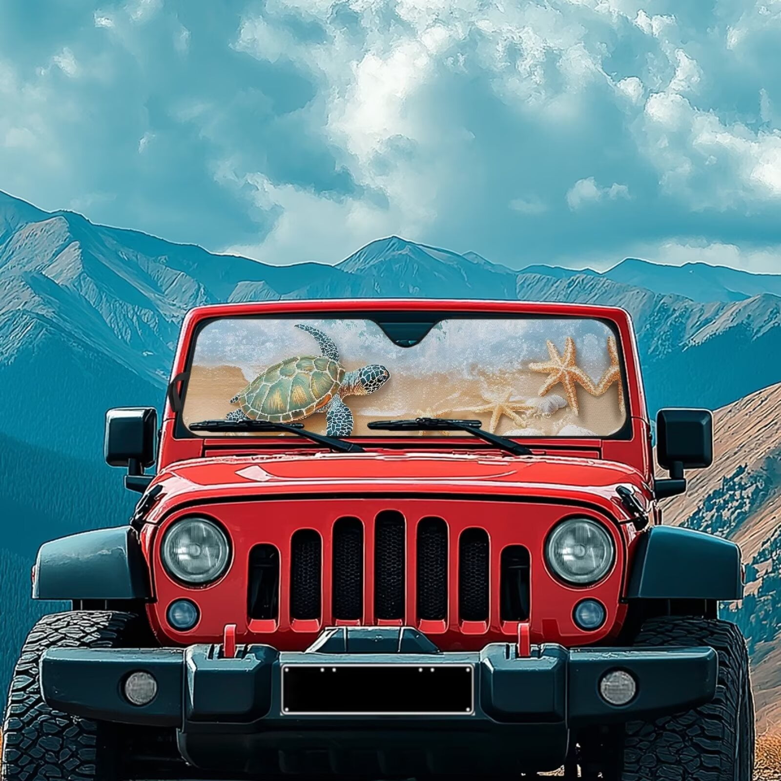 Uorisanigo Windshield Sunshade, Blocks UV Rays Beach Turtle Starfish Sun Visor Shield, Compatible with Rubicon Sahara TJ JK JKU 2 & 4 Door, Accessories for Jeep Wrangler - 52.95x16.14 inches