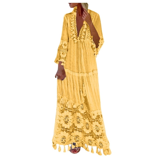 JGGSPWM Robe Maxi pour Femmes à Col en V en Dentelle Patchwork à Manches Longues Boho Printemps Été Décontractée Fluide à Étages Robe Bohème Jaune 4TG