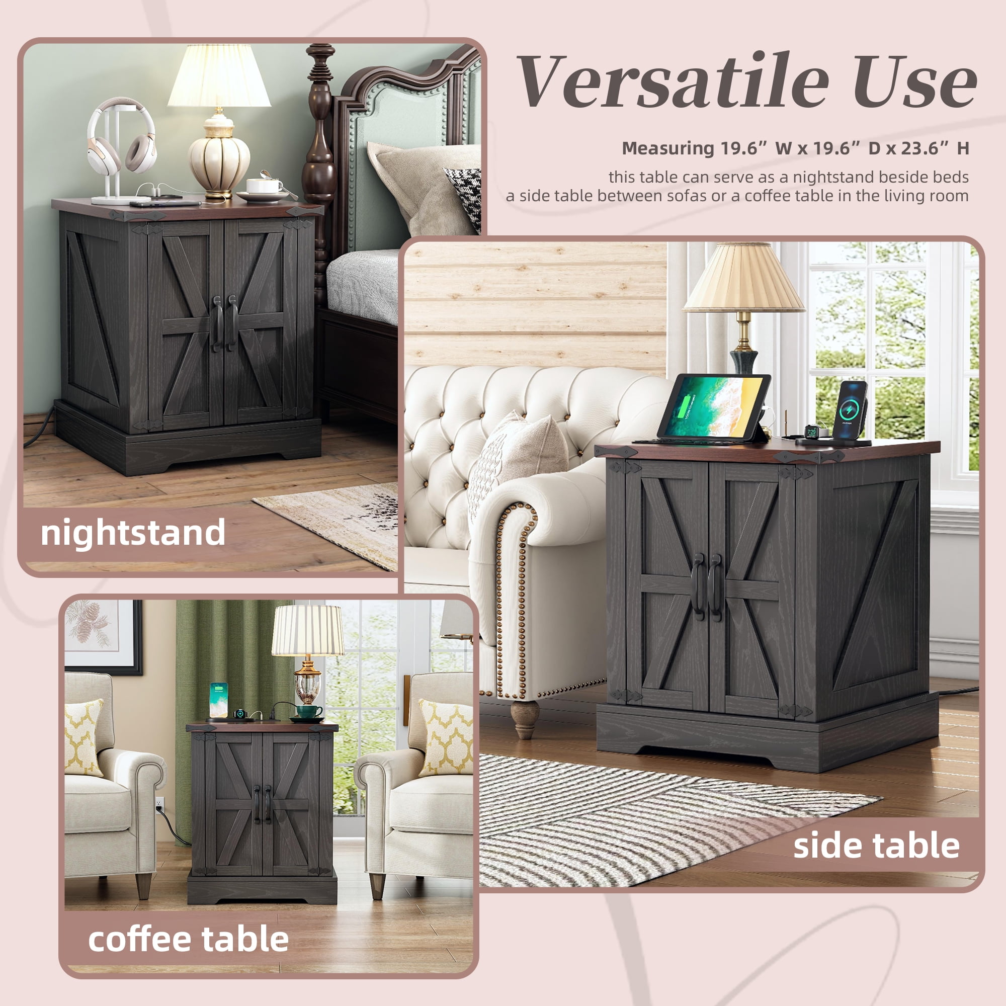 Aukfa Farmhouse End Table with Charging Statio,Rustic Barn Door Nightstand Side Table with Storage Cabinet,Gray