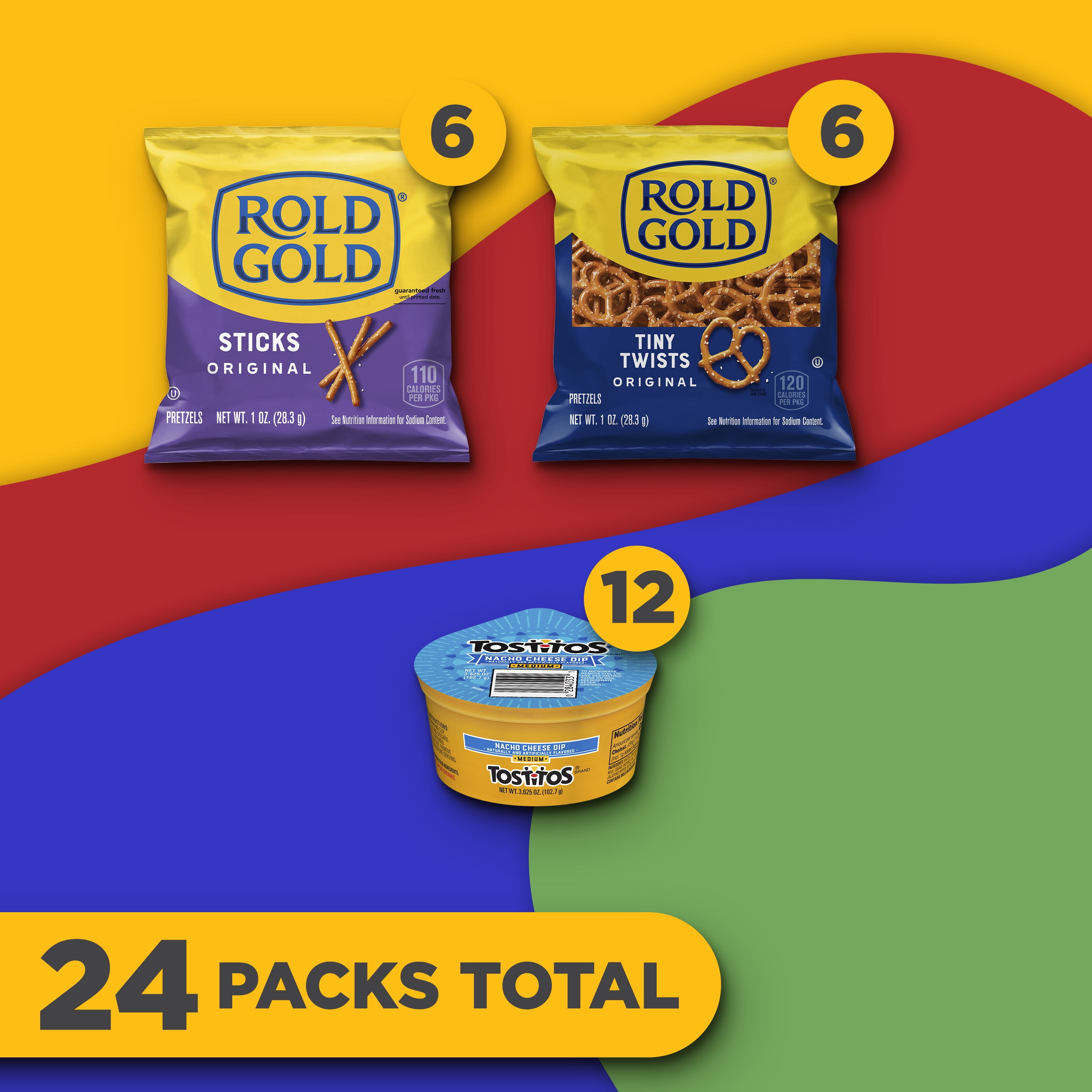 Frito Lay Rold Gold Tiny Twists, Original Sticks and Tostitos Dips, Variety pack Snack, (pack of 24)