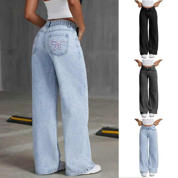 Eltusu Girls Jeans with Pockets, Elastic Waist Solid Color Wide Leg Loose Fit Denim Pants Blue Size 6-15 T