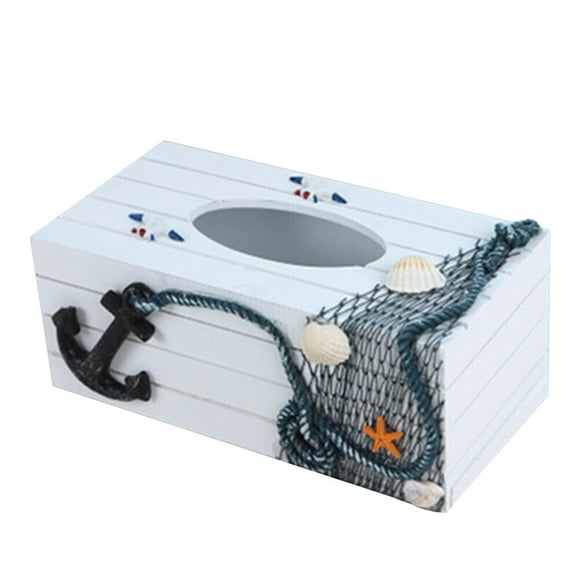 Caja de pañuelos decorativa mediterránea, de madera, para guardar manualidades, decoración de escritorio (red de hierro con ancla)