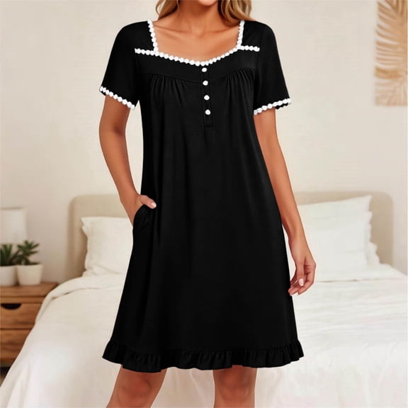 Women's Solid Square Neck Lace Short Sleeve Pleated Sleep Dress Loose Fit Mid Calf Length with Side Pockets Soft Casual Loungewear for Home Daily Nighttime Rest Black L