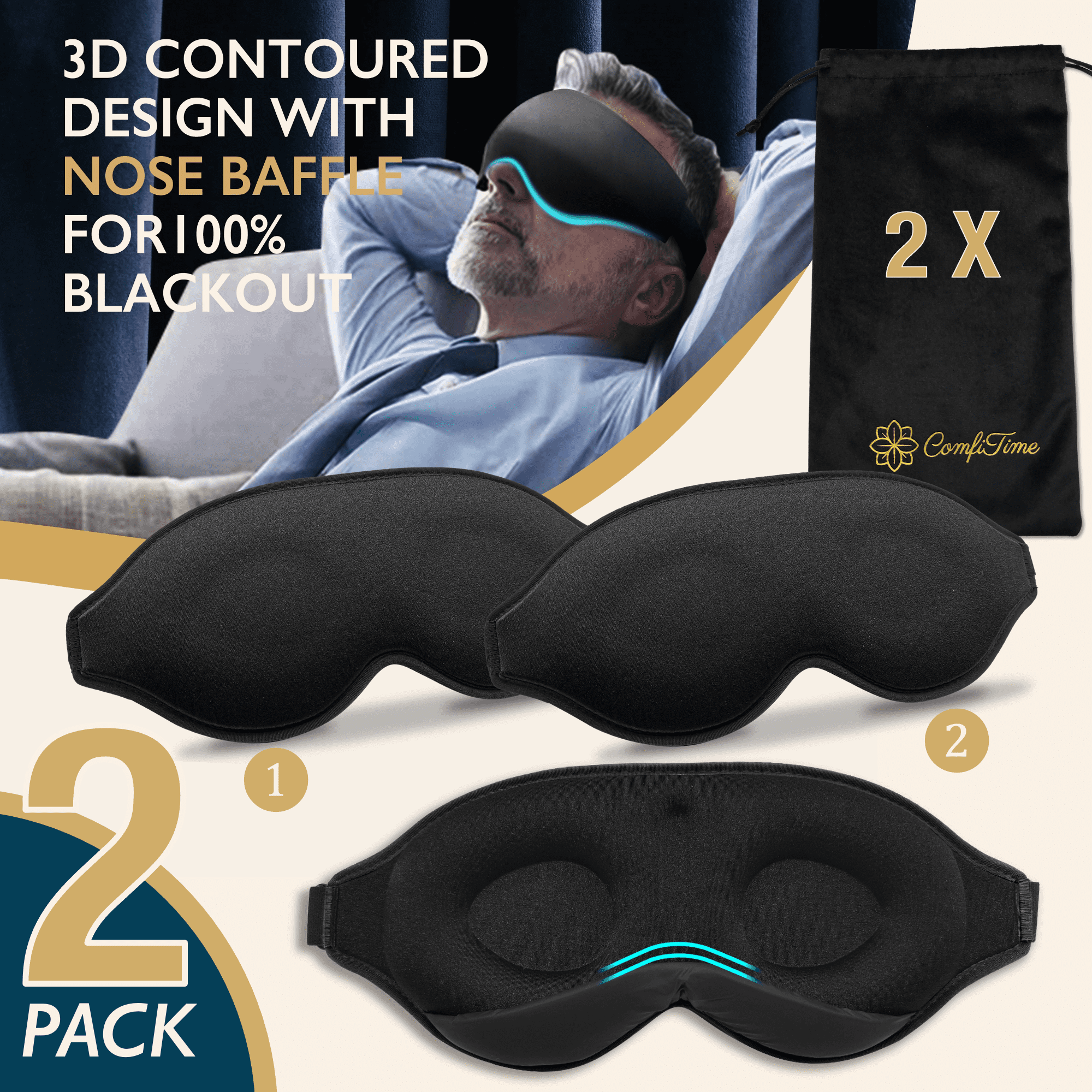 ComfiTime 2Pack Sleep Mask 100 Blackout Eye Mask for Sleeping, Eye