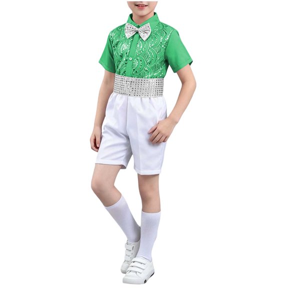 ZACPNCV Boys Sequined Formal Performance Outfit Set Short Sleeve Collared Top with Rhinestone Waistband Shorts Kids Stage Show Clothing Set 3-4Years A-Green