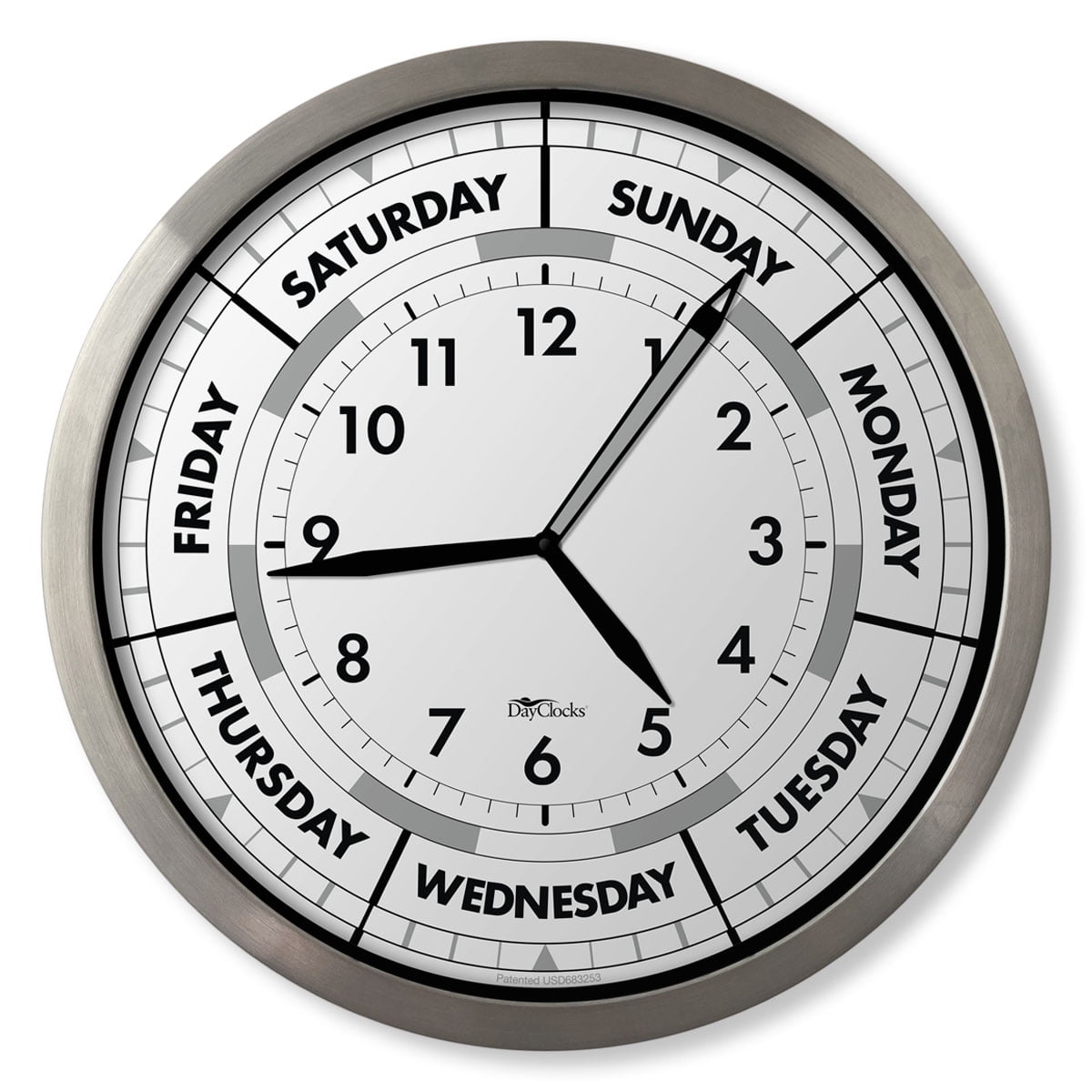 DayClocks Time & DayoftheWeek Wall Clock with 12" Aluminum Frame