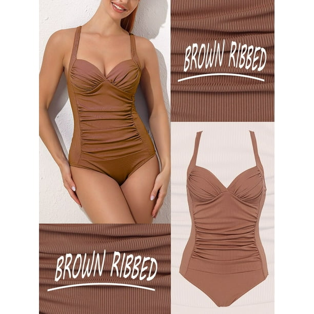 HOMGAO, bañador Sexy de una pieza con realce para mujer, traje de baño fruncido de talla grande, traje de baño Vintage con Control de barriga, trajes de baño L-4XL Tan Jianjun unisex