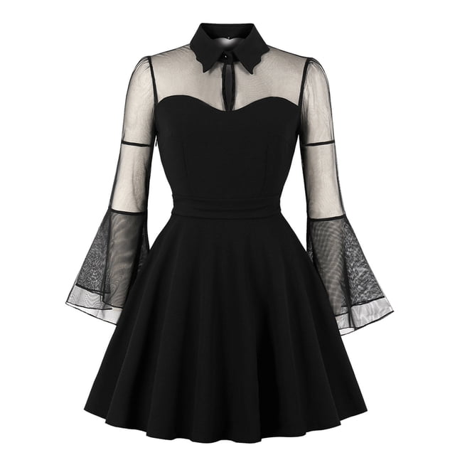 ZAXARRA Femmes Fleur Broderie Maille Transparente Longue Flare Manches une Ligne Robe Mode Automne Occasionnel Midi Robe