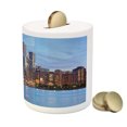 thumbnail image 3 of Chicago Skyline Piggy Bank, Sunset in Big City with Dramatic Sky Skyscrapers Evening by Lake, Ceramic Coin Bank Money Box for Cash Saving, 3.6" X 3.2", Blue Orange Taupe, by Ambesonne, 3 of 4