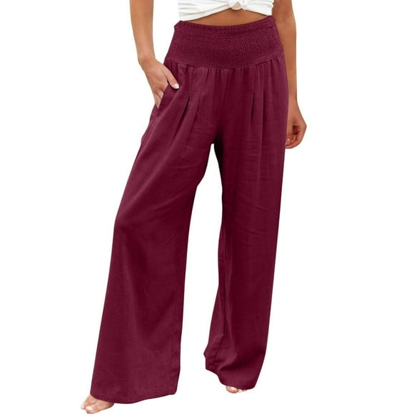 ZVAVZ Linen Pants for Women,Womens High Waist Elastic Wide Leg Pants Cotton Linen Sweatpants Summer Casual Fashion Summer Palazzo Pants Flash Sale Wine 3XL