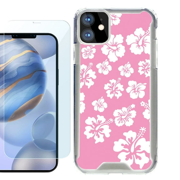 For Apple iPhone 12 Case, iPhone 12 Pro Case, Hybrid Bumper Phone case, with Tempered Glass Screen Protector, by OneToughShield ® - Hibiscus Pink