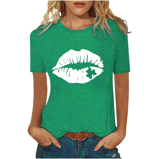 Blusa informal de manga corta con cuello redondo para mujer con estampado del día de San Patricio Pompotops hfajkhk125856