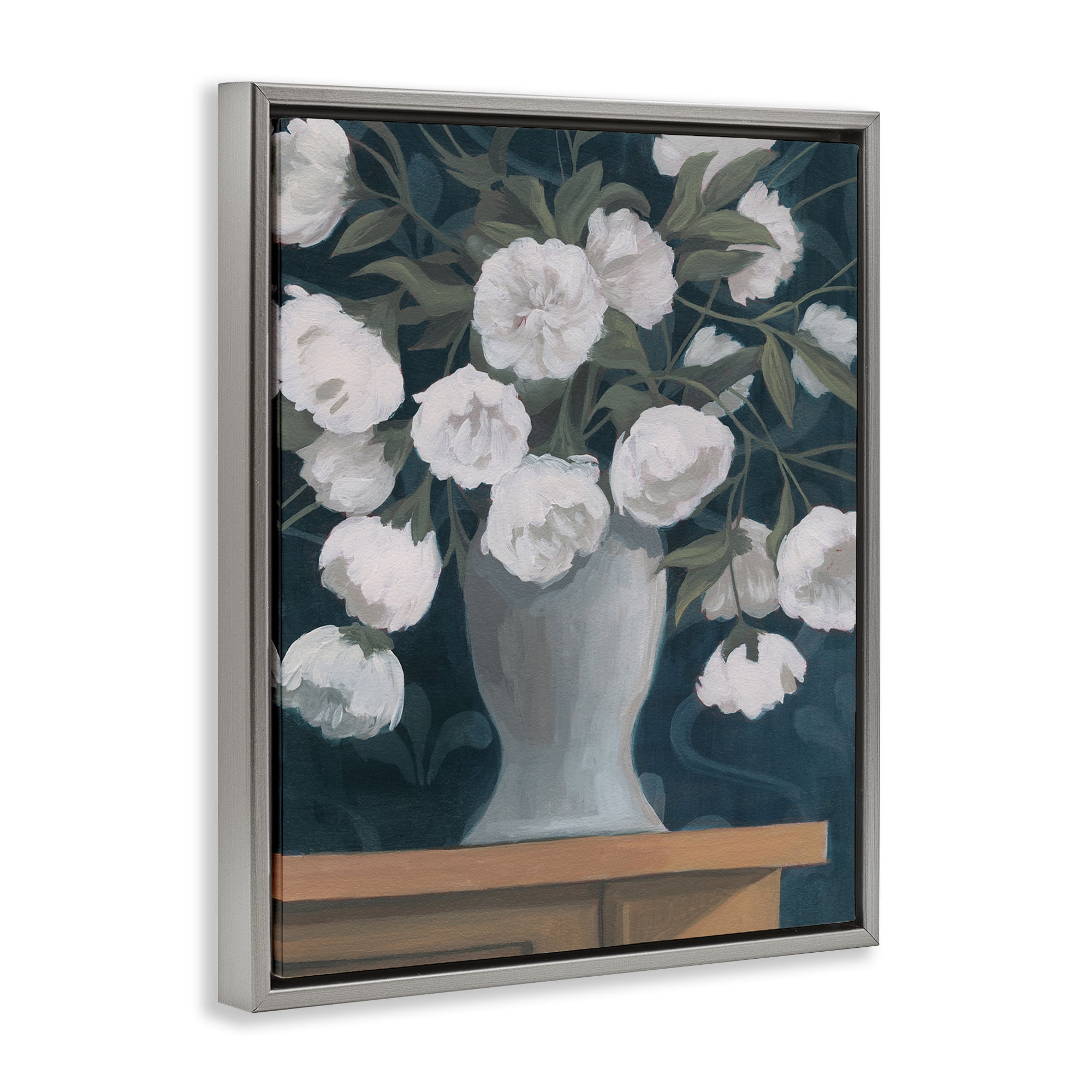 Stupell Industries Round Flowers Bouquet Plants & Flowers Painting Gray Floater Framed Canvas Art Print Wall Art, 25 x 31