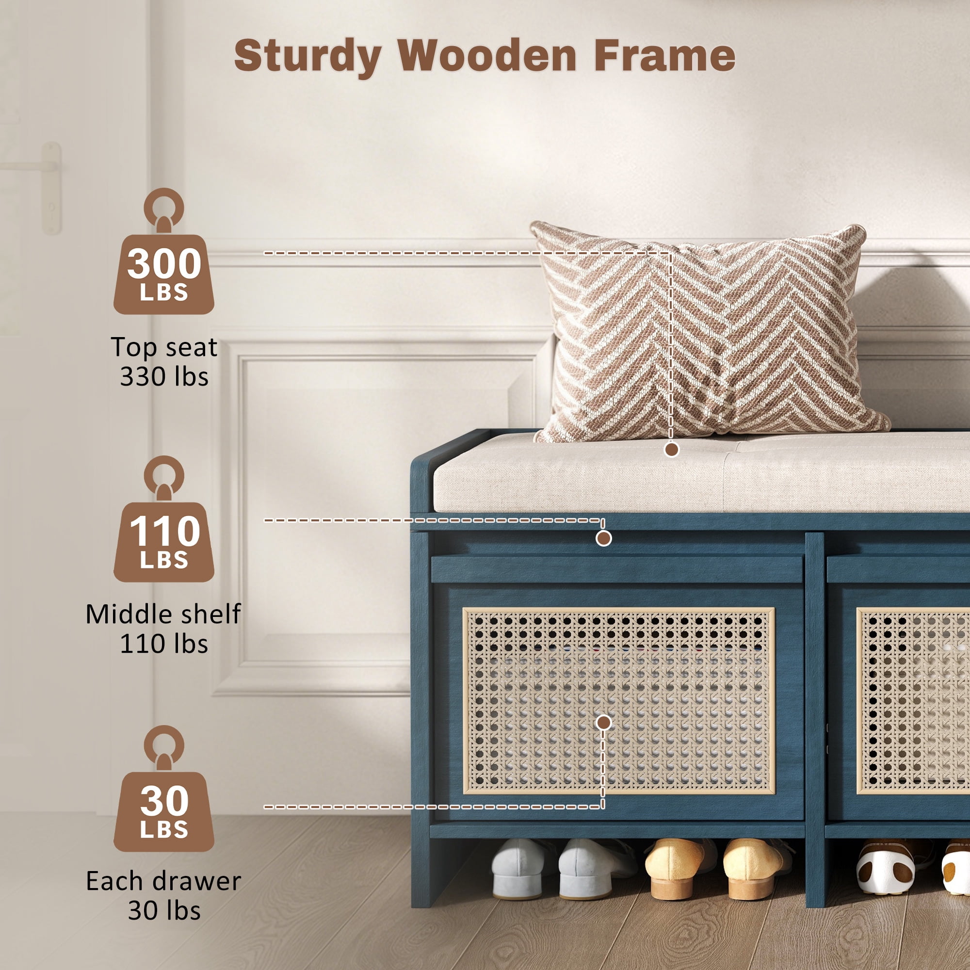 Euroco 48" Shoe Storage Bench, Retro Entryway Bench with 3 Rattan Drawers,Lift Top Storage & Removable Upholstered Cushion,Wooden Shoe Rack Bench for Living Room, Hallway, Foyer,Antique Navy