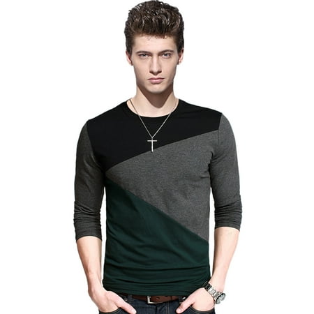 Men's Long Sleeve Patchwork Slim Fit T-shirt Grey B (Best T Shirt Quilt Company)