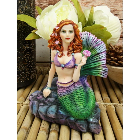 Colorful Pastel Fantasy Nautical Siren Mermaid Pink Rose Celtic Stone Figurine