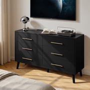 Aiho Modern 6-Drawer Dresser, Wooden Chest with Cut-Out Handles, Wide Double Black Drawers for Bedroom, Living Room, Entryway