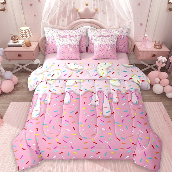Erosebridal Ice Cream Print Bedding Sets Twin Size,Colorful Dressert Comforter Sets With Sheets,Princess Pink Bed In A Bag Twin Size For Girls Kids,Lightweight Bedroom Decorative Reversible,7-Piece