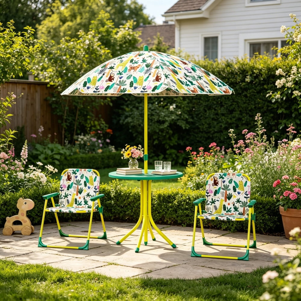 4-Piece Kids Play Set - Foldable Table, Chairs & Umbrella with Monkey/Giraffe Design, Green/Yellow/White, for 2-5 Years Old Toddlers