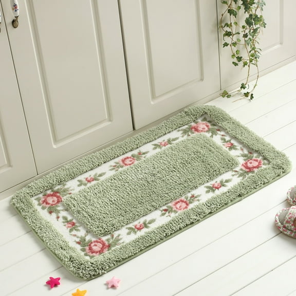 Rose Bathroom Rugs 1 Piece, Polyester Bath Shower Mat Non-Skid Absorbent Shaggy Toilet Floor Rug - Green