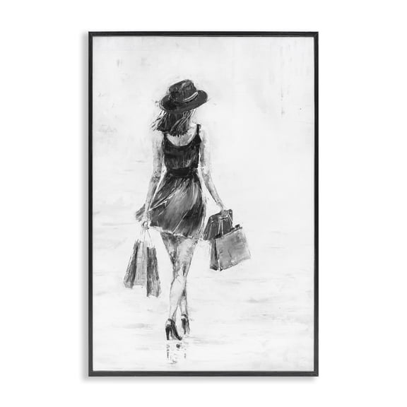 Stupell Industries Girl with Shopping Bags Novelty Painting Black Framed Art Print Wall Art, 12 x 18