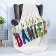thumbnail image 4 of Daniel Soft Flannel Fleece Throw Blanket, Grooving Cheerful Male Name with Happy Occasion Birthday Theme Bite Marked Cake, Cozy Plush for Indoor and Outdoor Use, 70" x 90", Multicolor, by Ambesonne, 4 of 5
