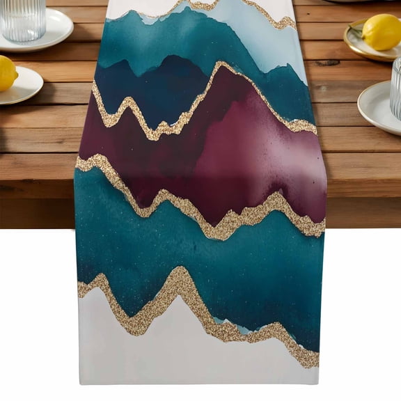 Abstract Art Table Runner, Watercolor Blue Gold Gradient Kitchen Table Runners Dress Scarves for Table Decorations Party/Restaurant/Indoor Outdoor Use, 18x72in
