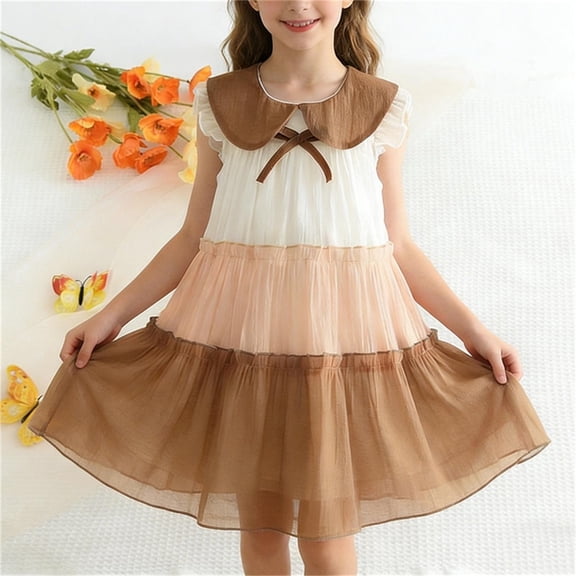 Girls Brown Tiered Tulle Dress with Bow, Sleeveless Party & Easter Dress for Kids Kids Age 2 3 4 5 6 7 Years,Size 3-4 T