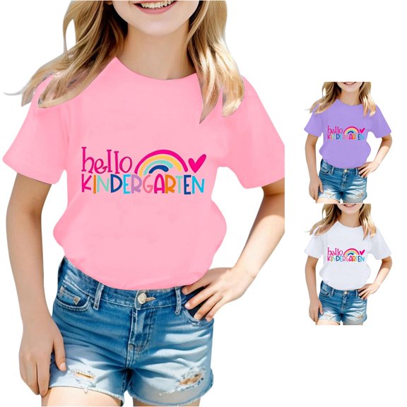 SUXIAN Girls T Shirt Fashion Letter Print Round Neck Short Sleeve Casual Tee Cute Style Toddler Girl Shirts Pink 8-9 Years