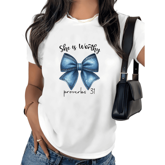 She Is Worthy Proverbs 31 Print Tshirt Graphic Tees Shirts White Christian Faith Women Gift S-5XL Womens Tops