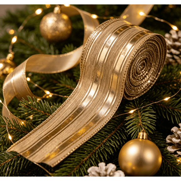 Champagne Gold Christmas Wired Ribbon - 16.4 Ft Yard Christmas Mesh Ribbon for Gift Wrapping, Tree Decor & DIY Crafts, Holiday Bow Making,A