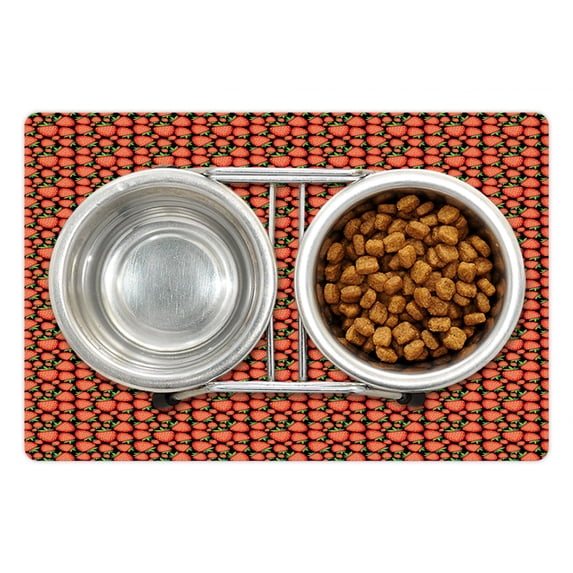 Strawberry Pet Mat for Food and Water, Tropical Fruit Pattern with Vivid Ripe Berries Healthy Summer Fresh Food, Non-Slip Rubber Mat for Dogs and Cats, 18" X 12", by Ambesonne