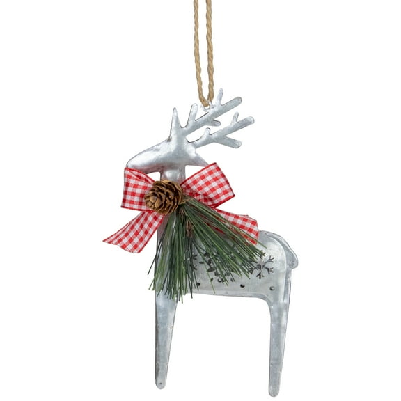Northlight Reindeer with Pine and Gingham Bowtie Christmas Ornament- 6.25" - Silver and Red