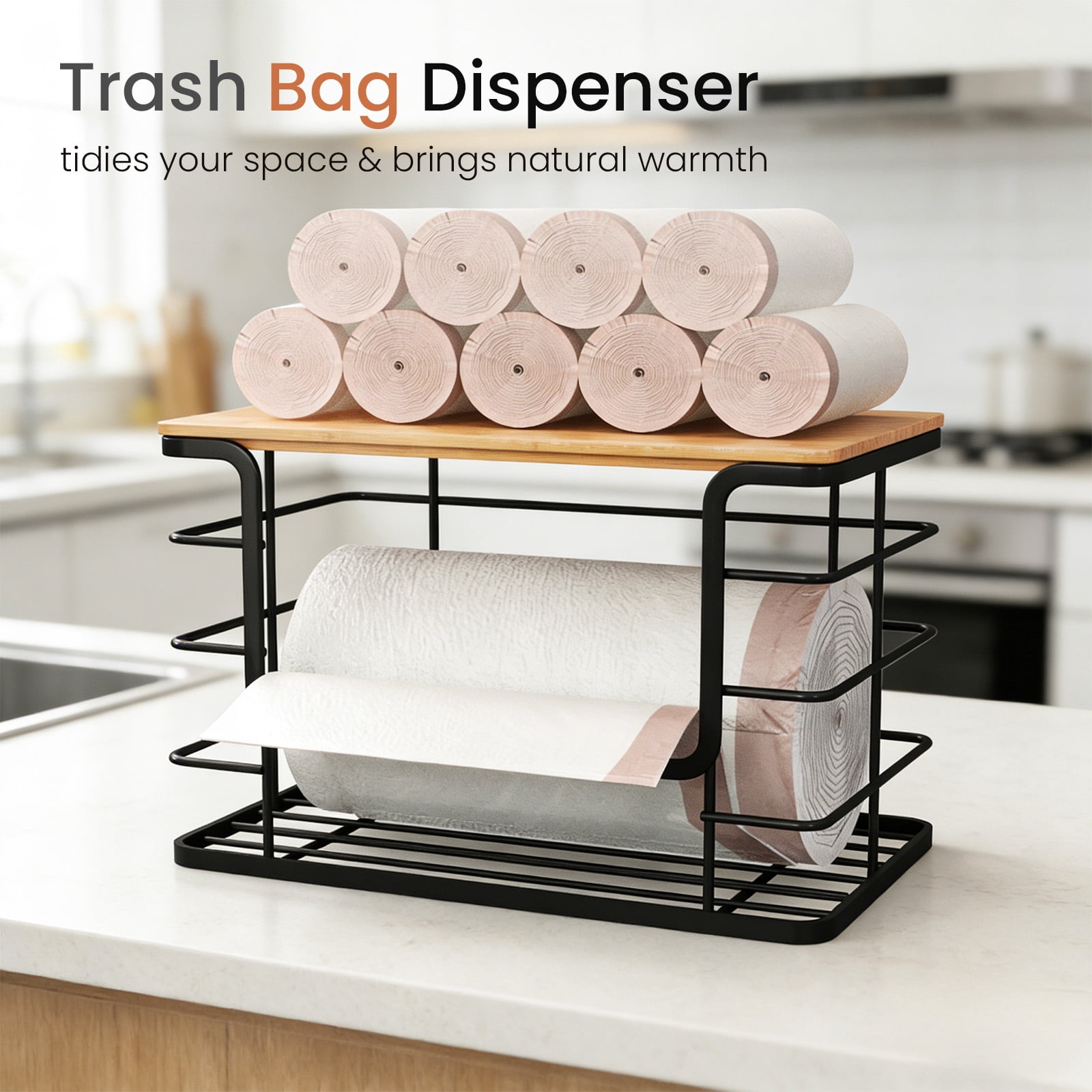Danfoxer Set of 3 Metal Trash Bag Holder with Bamboo Lid,Extra Large Stackable Garbage Bag Holder Dispenser Under Sink for Kitchen, Pantry, Laundry RoomDanfoxer Set of 3 Metal Trash Bag Holder with B