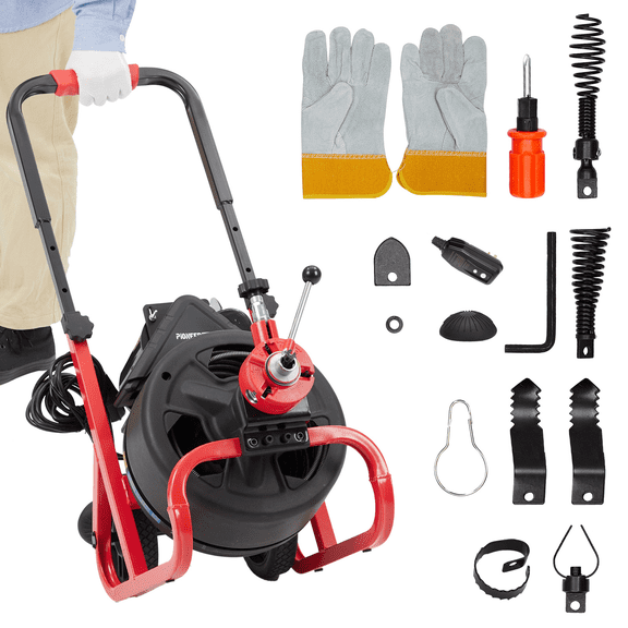 100Ft x 3/8In Drain Cleaner Machine Auto-Feed,Drain Auger for 2 to 4 Inch Pipes,with Air-Activated Foot Switch,6 Cutters,Gloves,Drain Auger Cleaner Sewer Snake