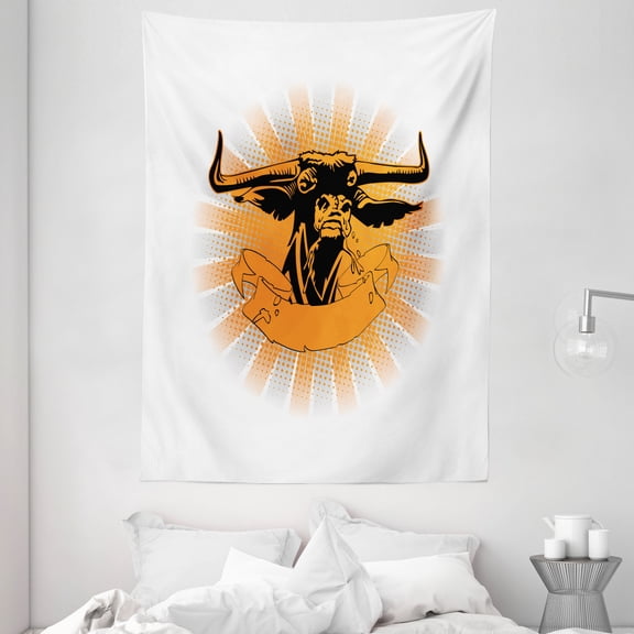 Rodeo Tapestry, Furious Bull Against Beams and Comic Strip Style Buffalo Head Graphic, Wall Hanging for Bedroom Living Room Dorm Decor, 60W X 80L Inches, Dark Orange Charcoal Grey, by Ambesonne