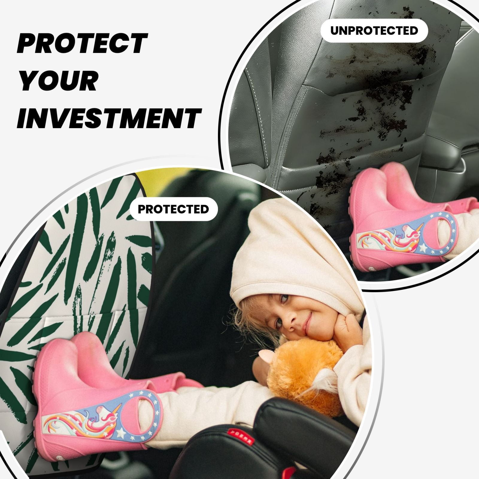 Kdxio Palm Branch With Leaves Print 2 Pack Car Kick Mat Seat Cover Back Protector Mat with Pockets for Organizer Backseat Protector and Storage Anti Kick Pad for Vehicles