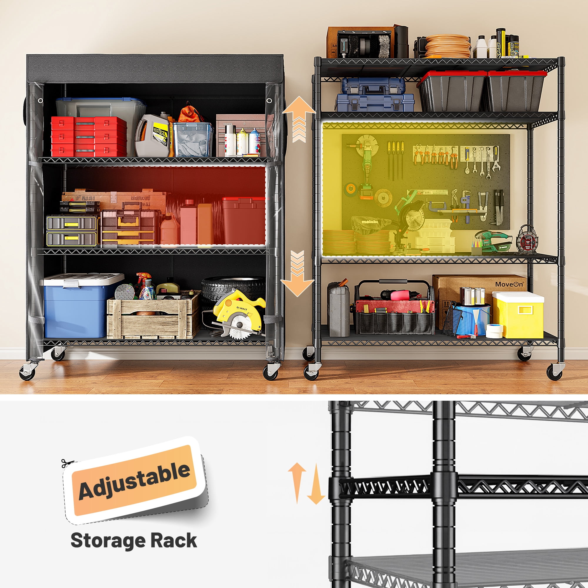 REIBII 4 Tier Wire Shelving Unit with Cover and Wheels,Heavy Duty Metal Storage Shelves Rolling Storage Rack for Pantry Kitchen Laundry Garage,36"W x 14.3"D x 56.5"H