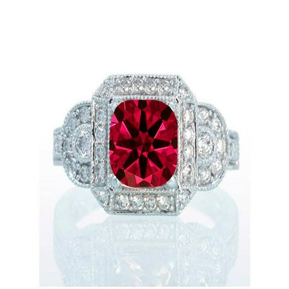 1.5 Carat Vintage Princess Cut Ruby and Diamond Designer Halo Engagement Ring on 10k White Gold